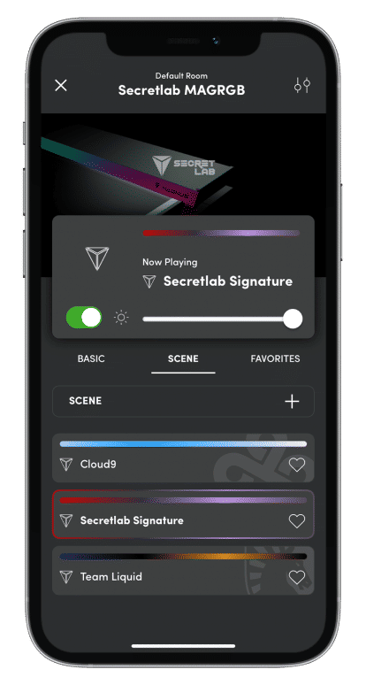 A phone screen of the Nanoleaf app that controls the Secretlab RGB light strip